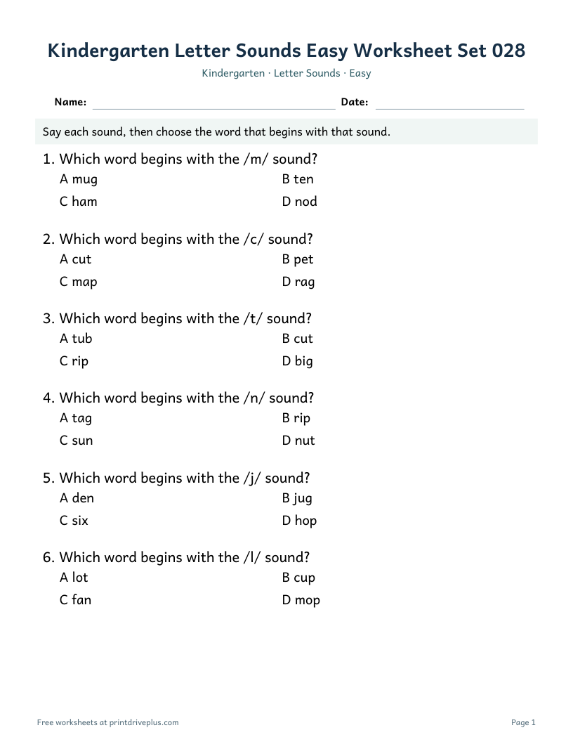 Preview of Kindergarten Letter Sounds Easy Worksheet Set 028