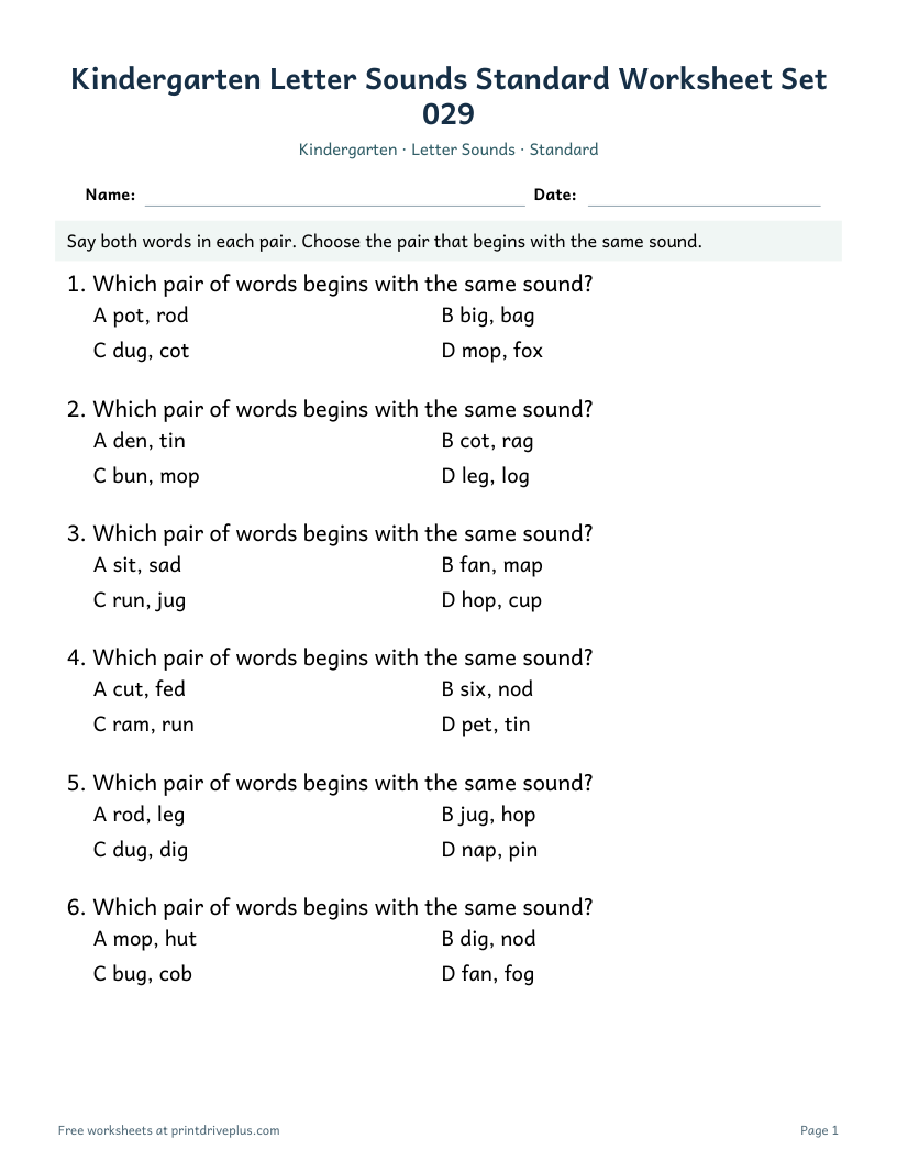 Preview of Kindergarten Letter Sounds Standard Worksheet Set 029