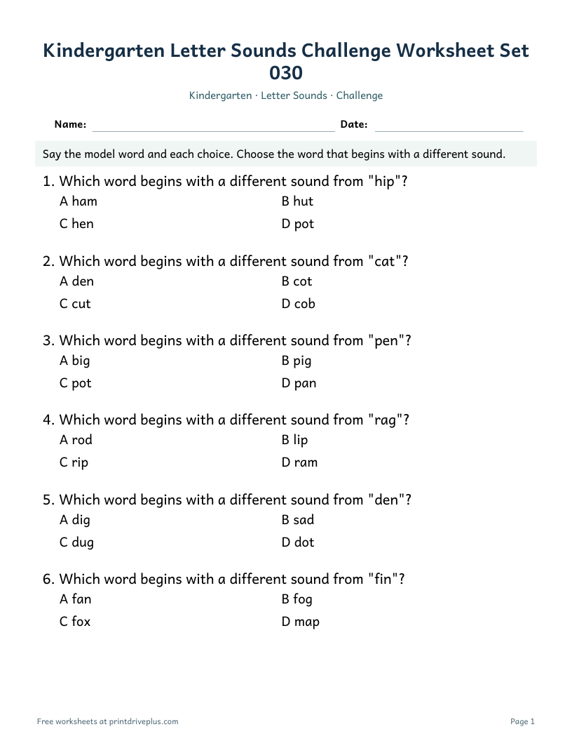 Preview of Kindergarten Letter Sounds Challenge Worksheet Set 030