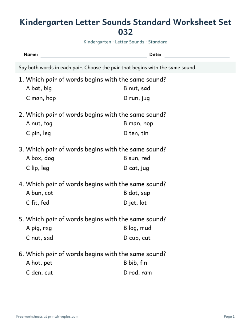 Preview of Kindergarten Letter Sounds Standard Worksheet Set 032