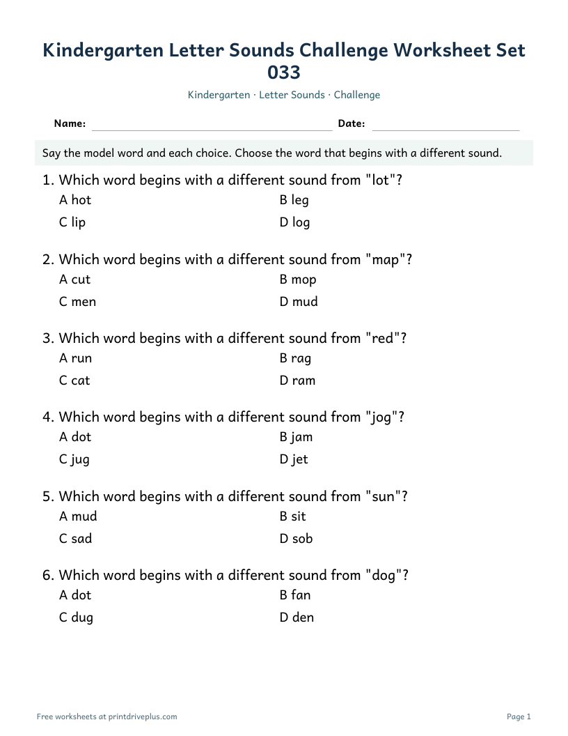 Preview of Kindergarten Letter Sounds Challenge Worksheet Set 033