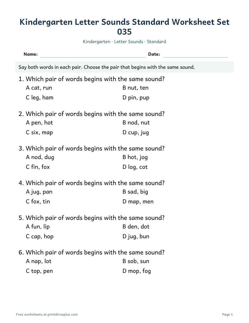 Preview of Kindergarten Letter Sounds Standard Worksheet Set 035