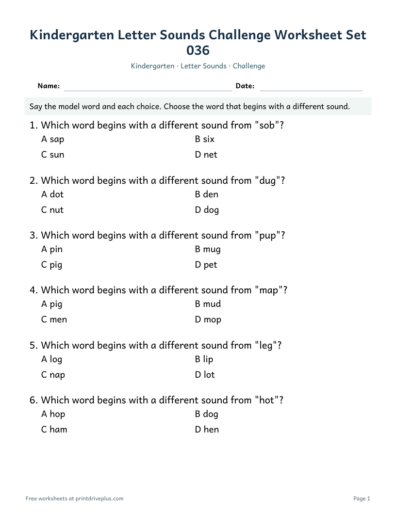 Preview of Kindergarten Letter Sounds Challenge Worksheet Set 036