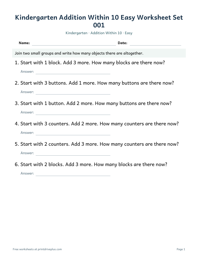 Preview of Kindergarten Addition Within 10 Easy Worksheet Set 001