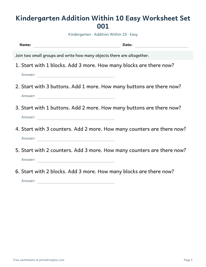 Preview of Kindergarten Addition Within 10 Easy Worksheet Set 001