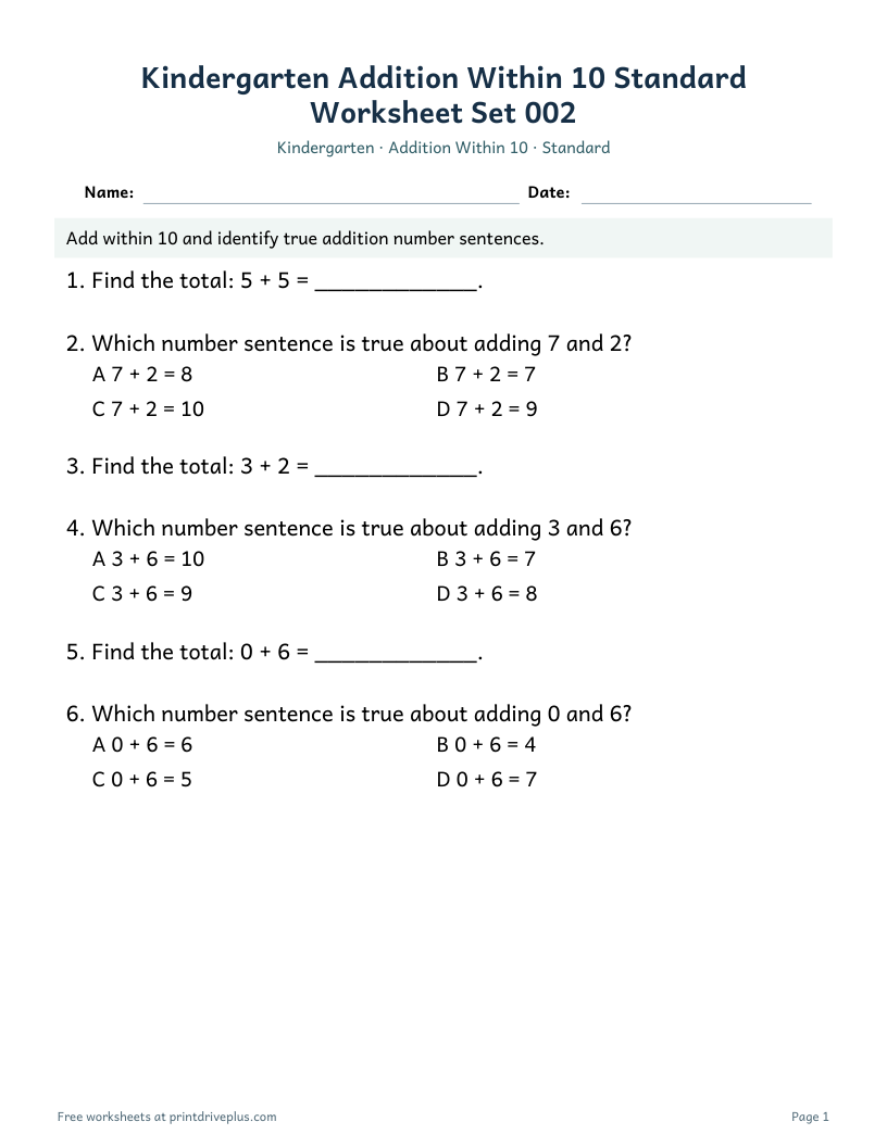 Preview of Kindergarten Addition Within 10 Standard Worksheet Set 002
