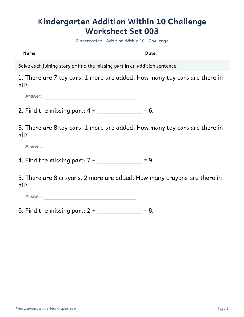 Preview of Kindergarten Addition Within 10 Challenge Worksheet Set 003