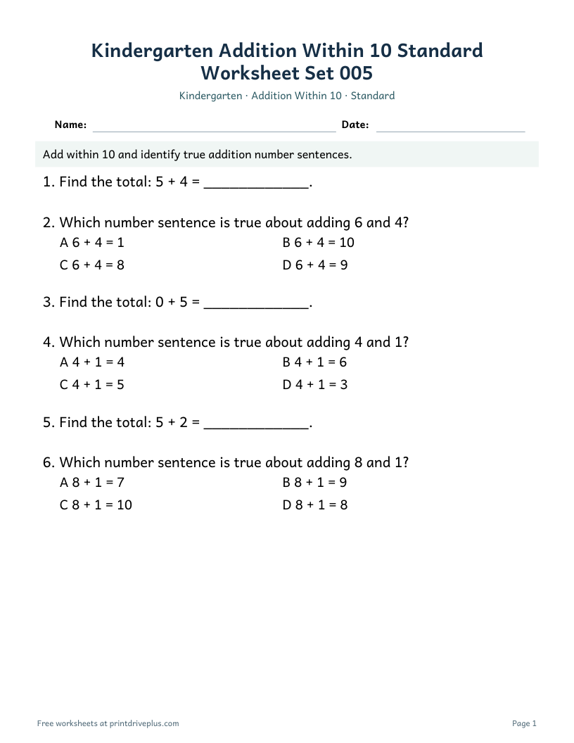 Preview of Kindergarten Addition Within 10 Standard Worksheet Set 005