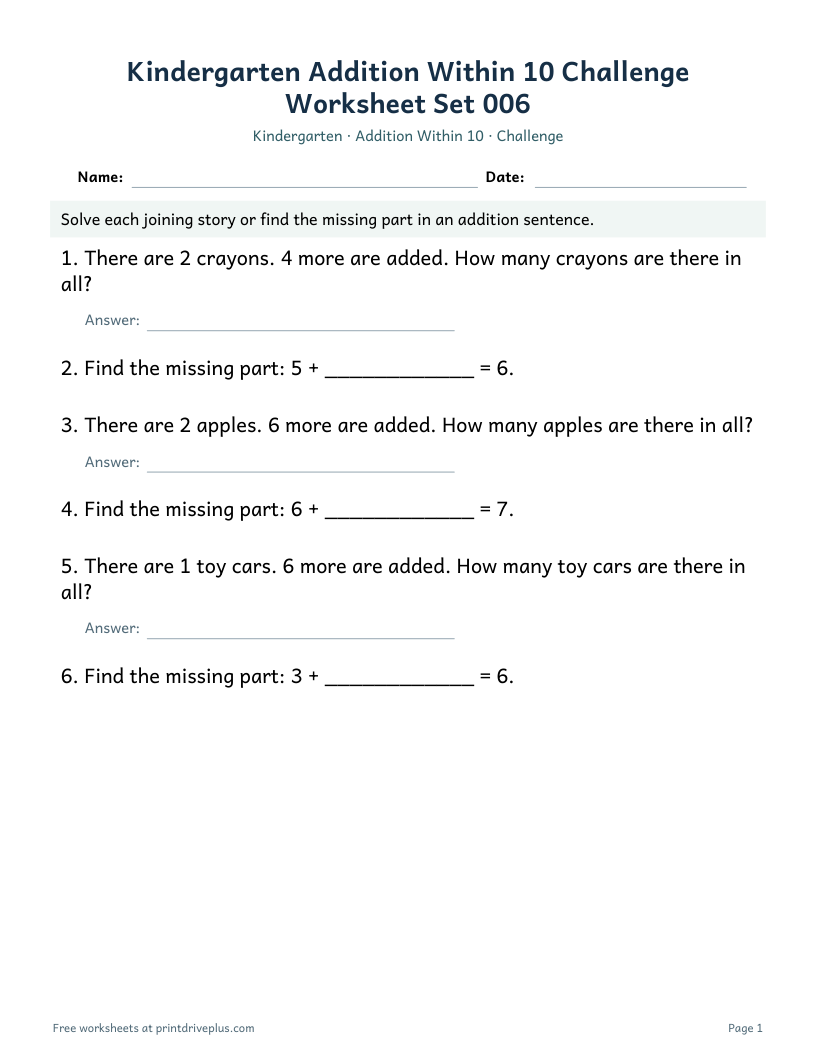 Preview of Kindergarten Addition Within 10 Challenge Worksheet Set 006