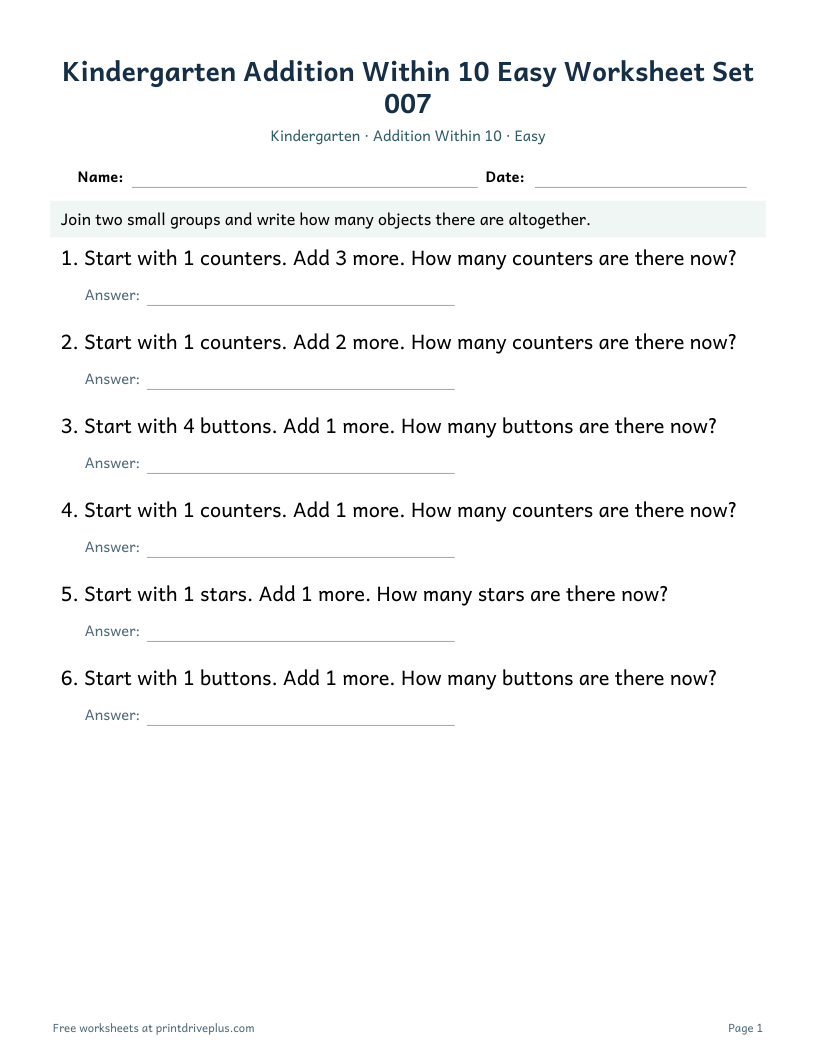 Preview of Kindergarten Addition Within 10 Easy Worksheet Set 007