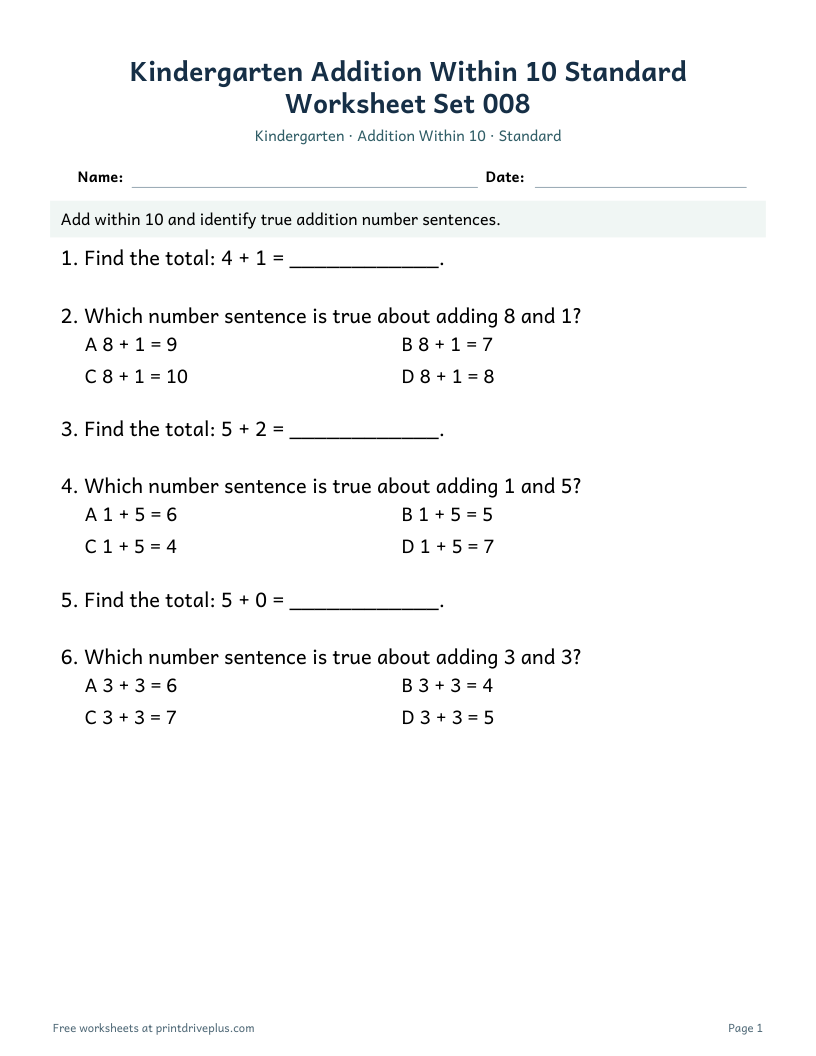 Preview of Kindergarten Addition Within 10 Standard Worksheet Set 008