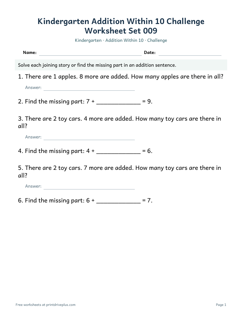 Preview of Kindergarten Addition Within 10 Challenge Worksheet Set 009