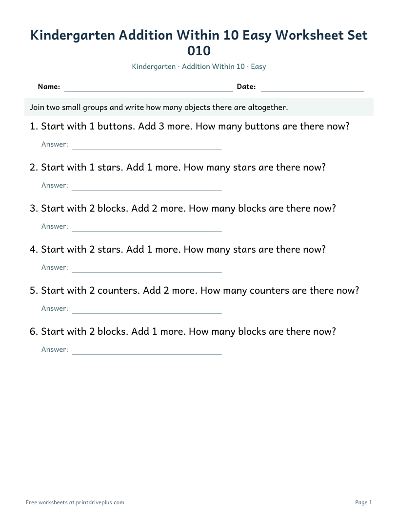 Preview of Kindergarten Addition Within 10 Easy Worksheet Set 010
