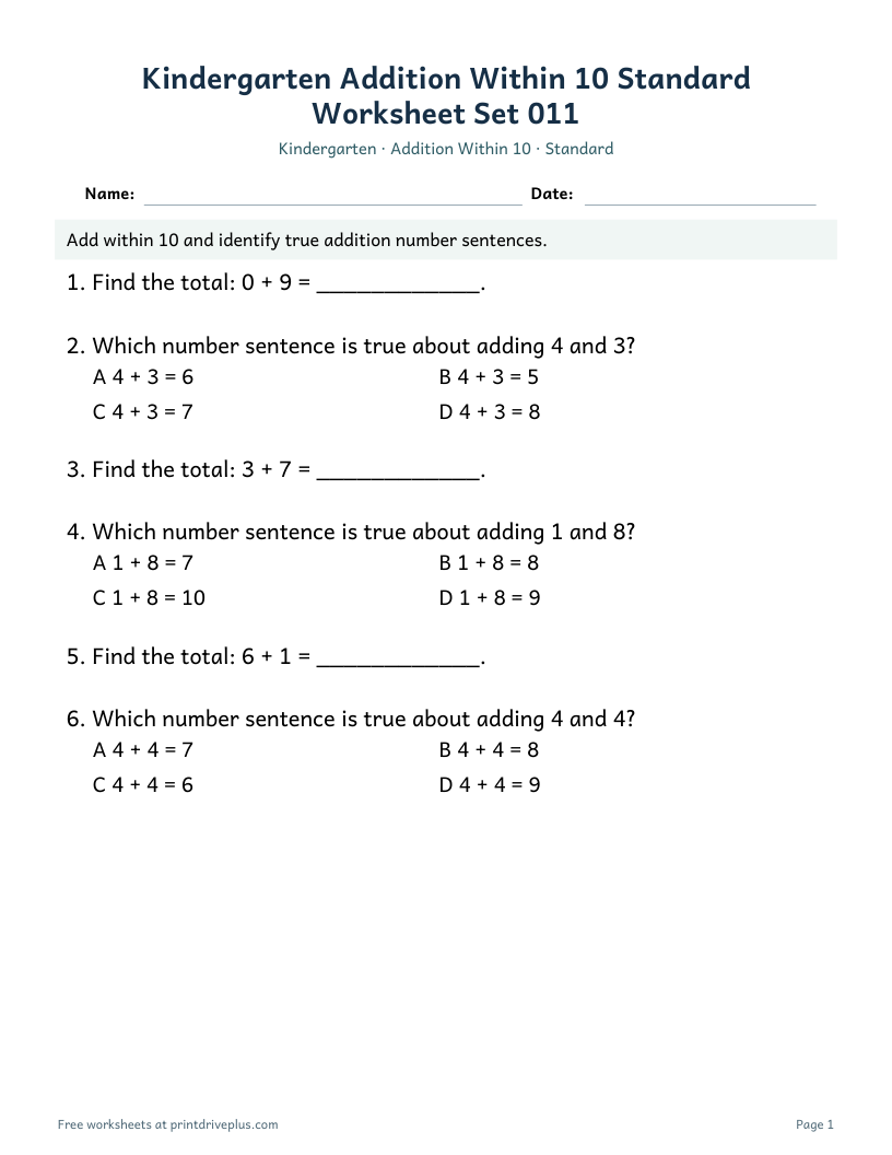 Preview of Kindergarten Addition Within 10 Standard Worksheet Set 011