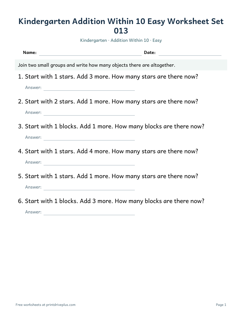 Preview of Kindergarten Addition Within 10 Easy Worksheet Set 013