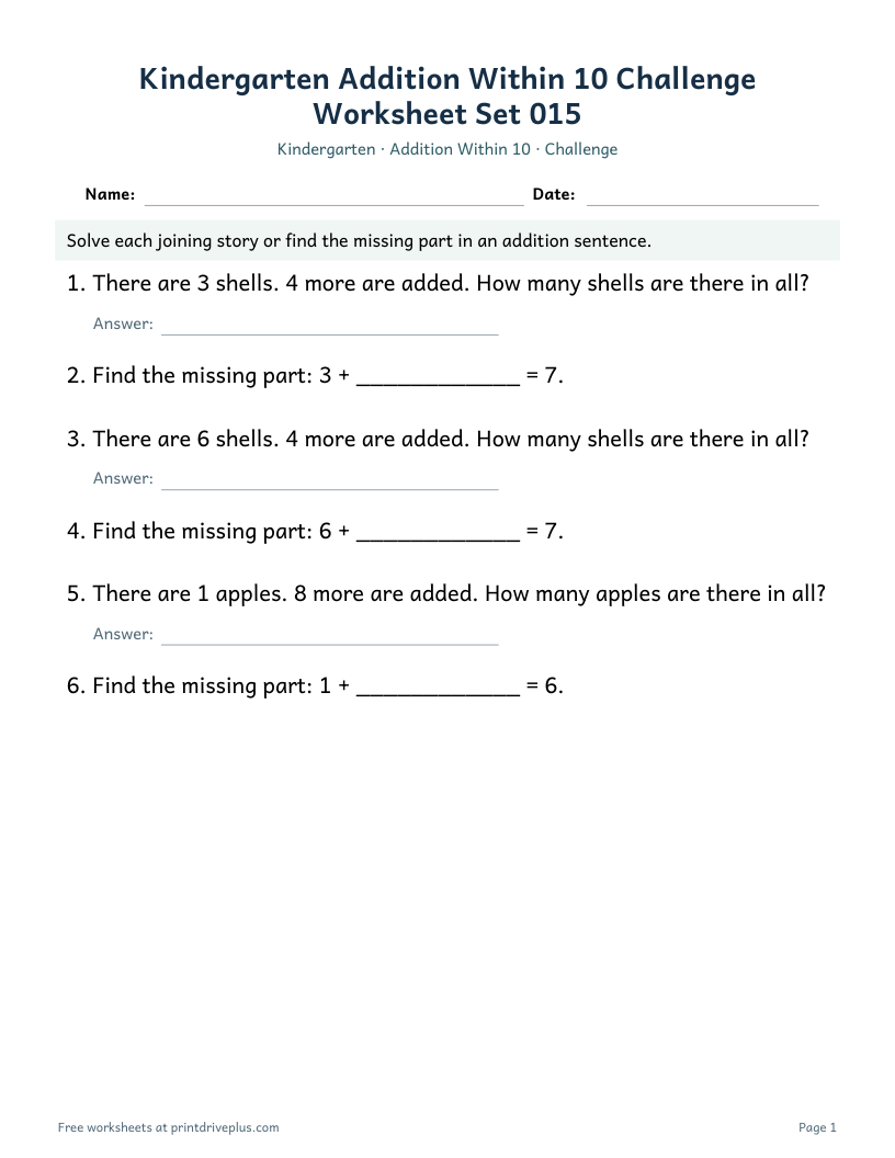 Preview of Kindergarten Addition Within 10 Challenge Worksheet Set 015