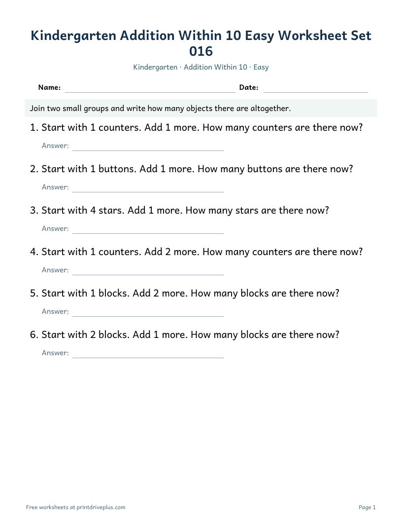 Preview of Kindergarten Addition Within 10 Easy Worksheet Set 016