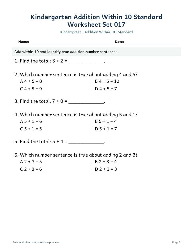 Preview of Kindergarten Addition Within 10 Standard Worksheet Set 017