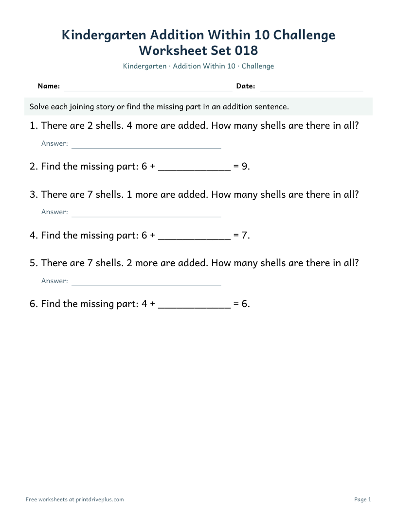 Preview of Kindergarten Addition Within 10 Challenge Worksheet Set 018