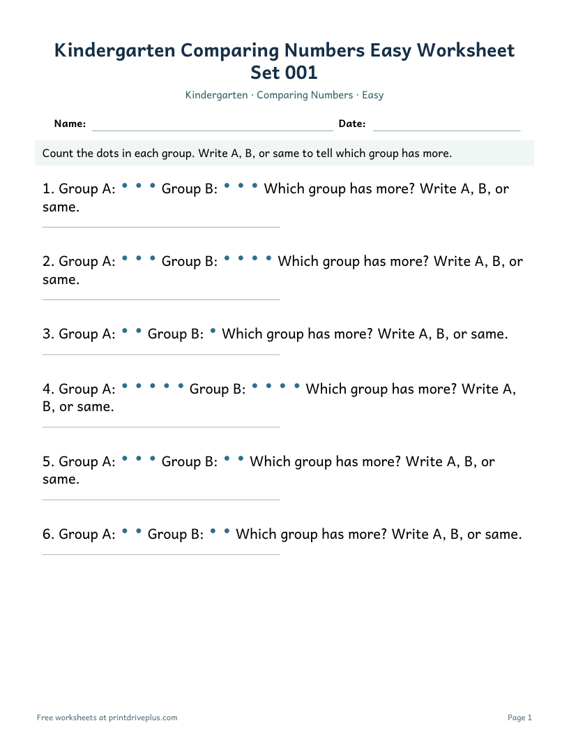 Preview of Kindergarten Comparing Numbers Easy Worksheet Set 001