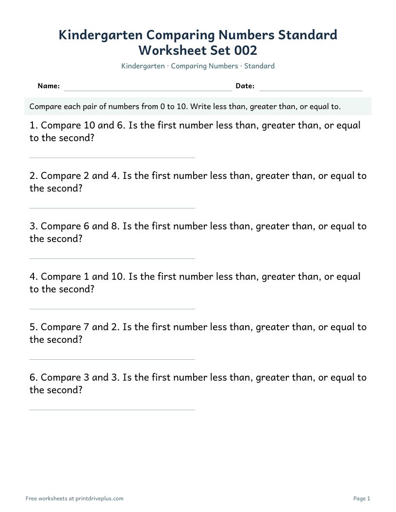 Preview of Kindergarten Comparing Numbers Standard Worksheet Set 002