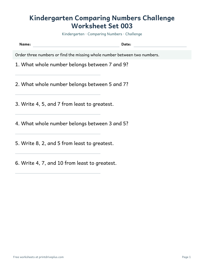 Preview of Kindergarten Comparing Numbers Challenge Worksheet Set 003