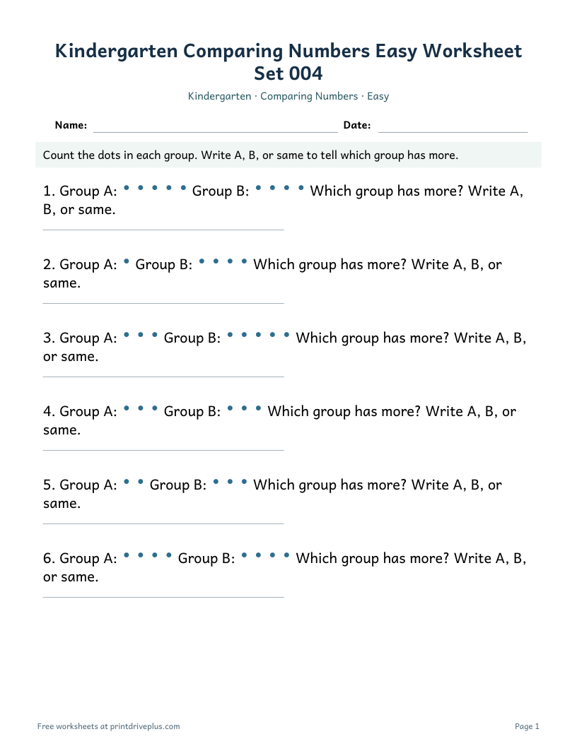 Preview of Kindergarten Comparing Numbers Easy Worksheet Set 004