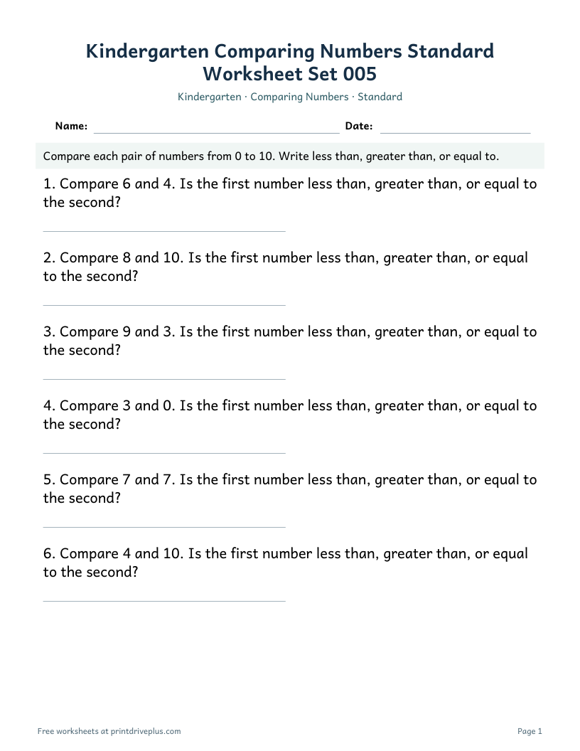 Preview of Kindergarten Comparing Numbers Standard Worksheet Set 005