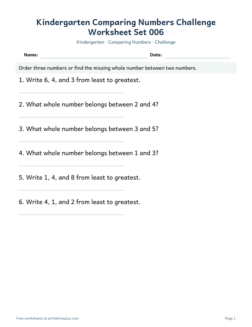 Preview of Kindergarten Comparing Numbers Challenge Worksheet Set 006