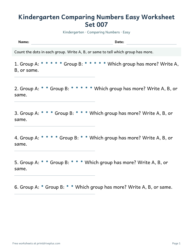 Preview of Kindergarten Comparing Numbers Easy Worksheet Set 007
