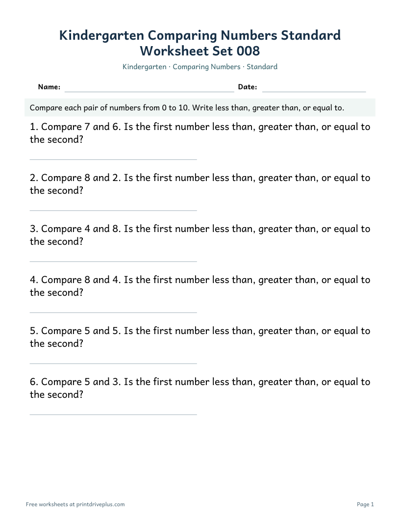 Preview of Kindergarten Comparing Numbers Standard Worksheet Set 008