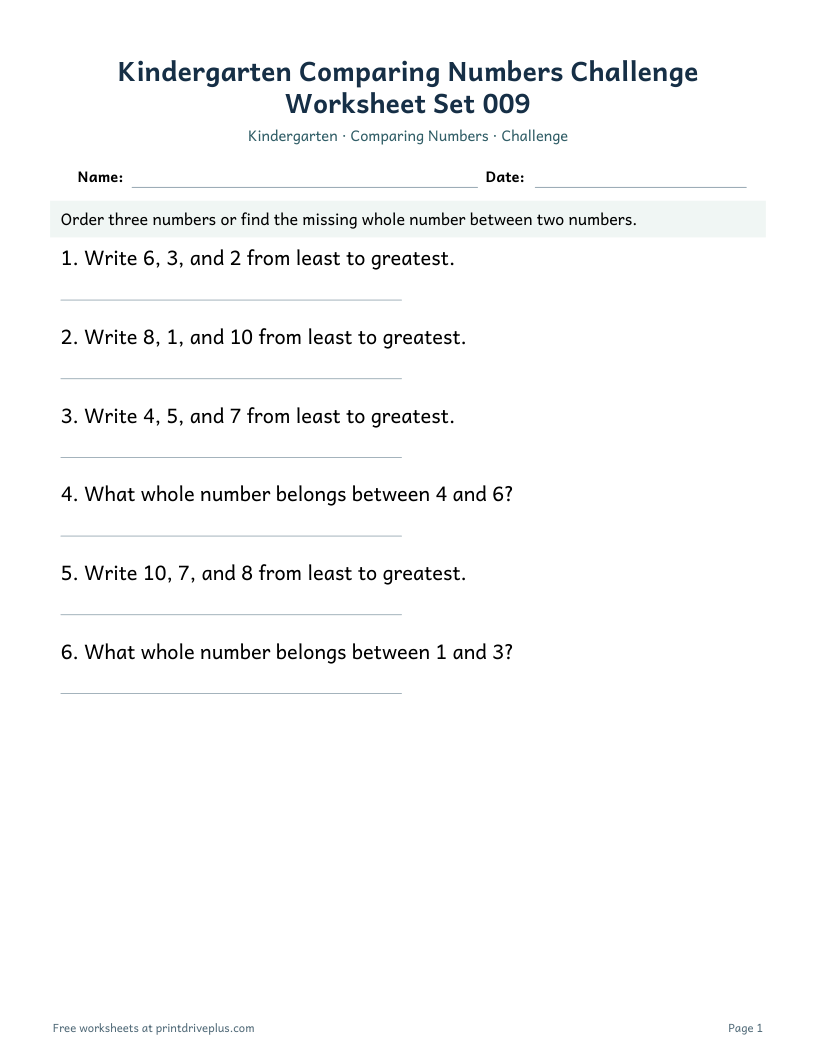 Preview of Kindergarten Comparing Numbers Challenge Worksheet Set 009