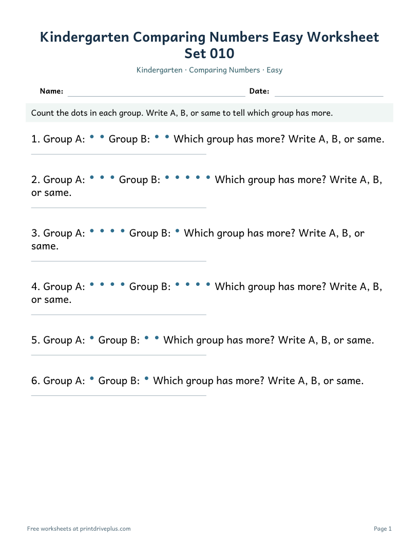Preview of Kindergarten Comparing Numbers Easy Worksheet Set 010
