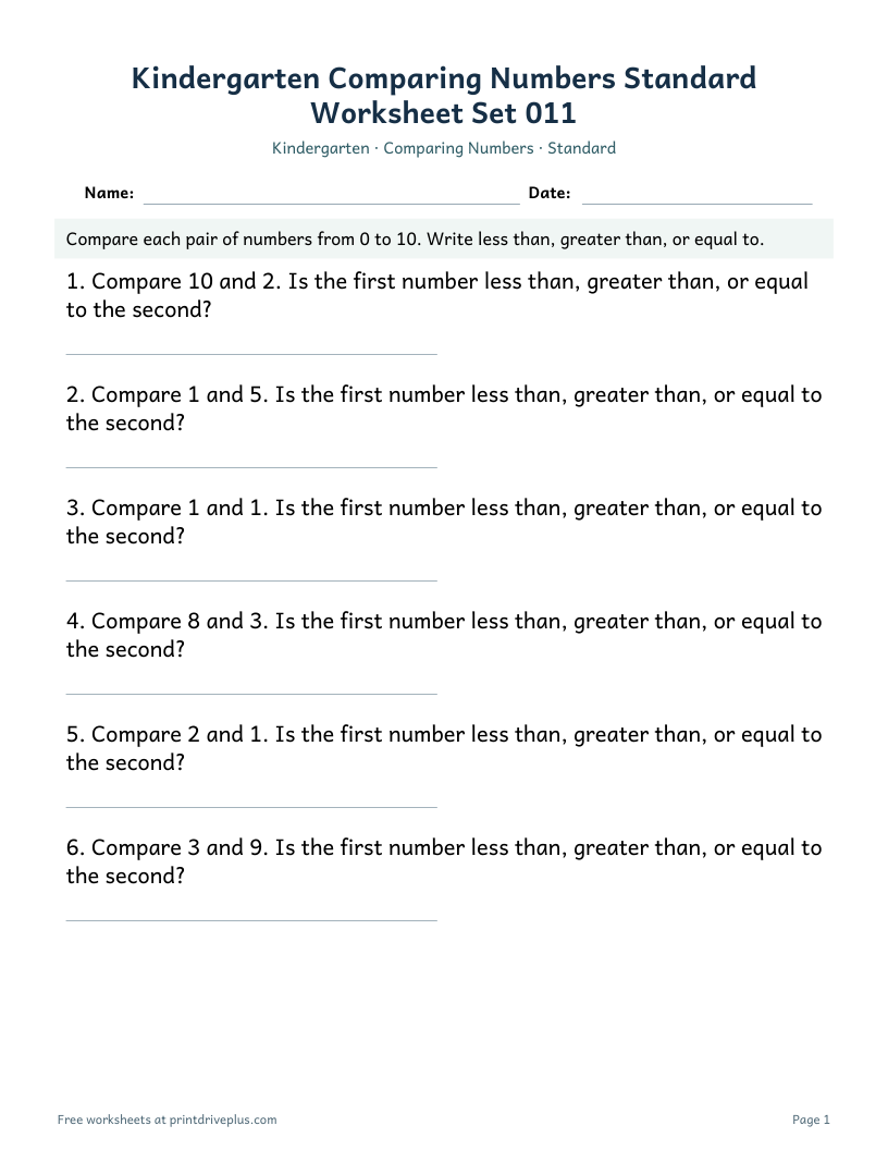Preview of Kindergarten Comparing Numbers Standard Worksheet Set 011