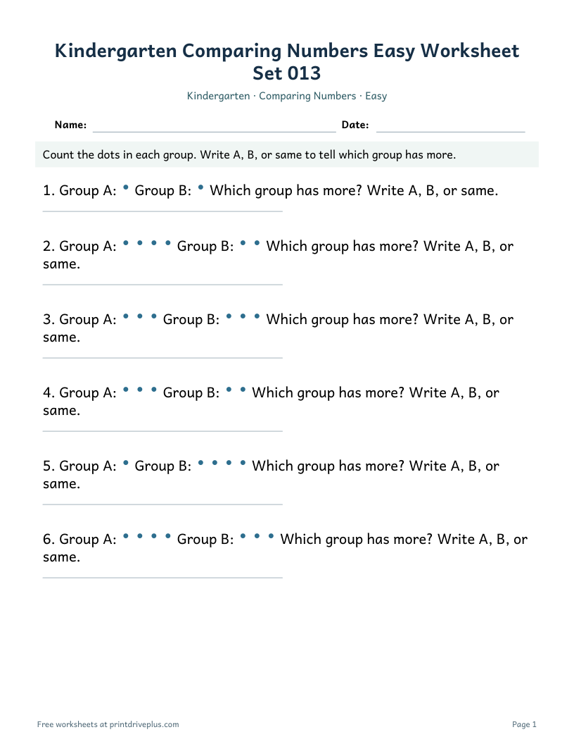 Preview of Kindergarten Comparing Numbers Easy Worksheet Set 013