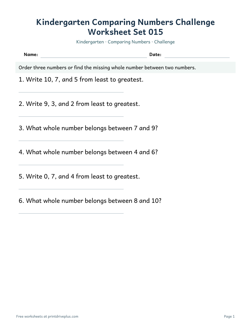 Preview of Kindergarten Comparing Numbers Challenge Worksheet Set 015