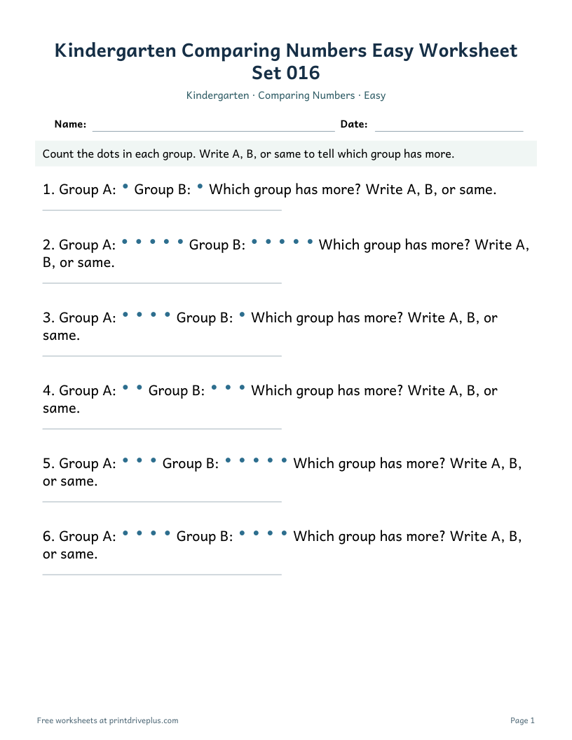 Preview of Kindergarten Comparing Numbers Easy Worksheet Set 016