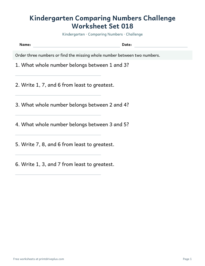 Preview of Kindergarten Comparing Numbers Challenge Worksheet Set 018