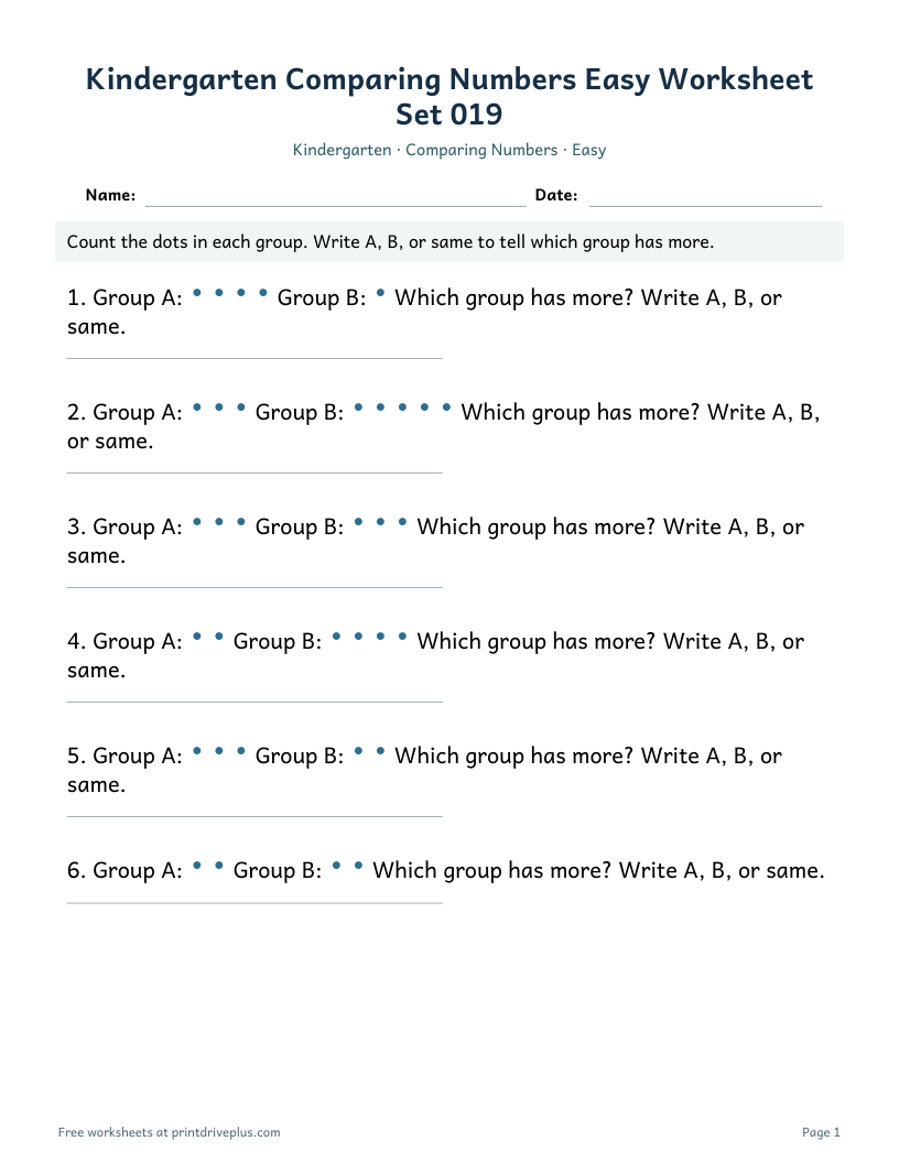 Preview of Kindergarten Comparing Numbers Easy Worksheet Set 019