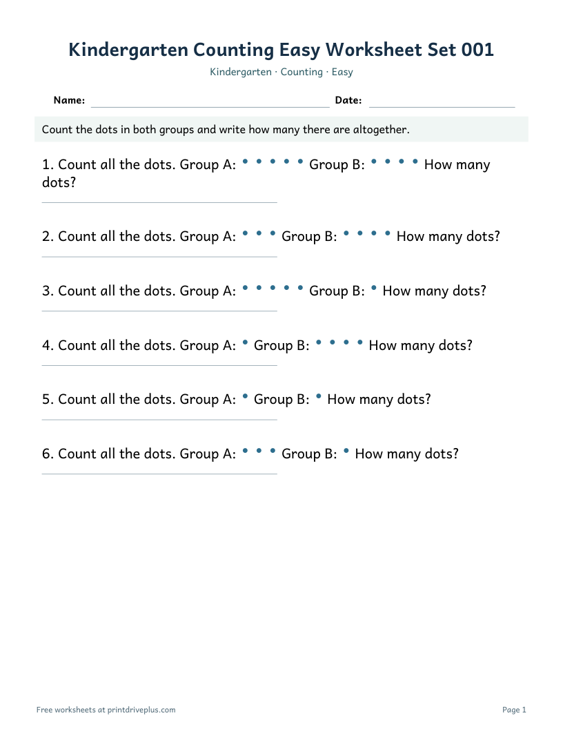 Preview of Kindergarten Counting Easy Worksheet Set 001