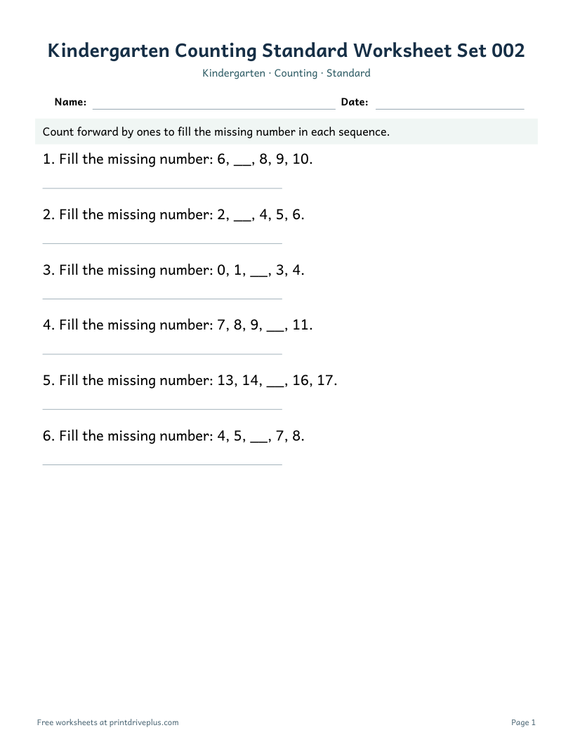 Preview of Kindergarten Counting Standard Worksheet Set 002