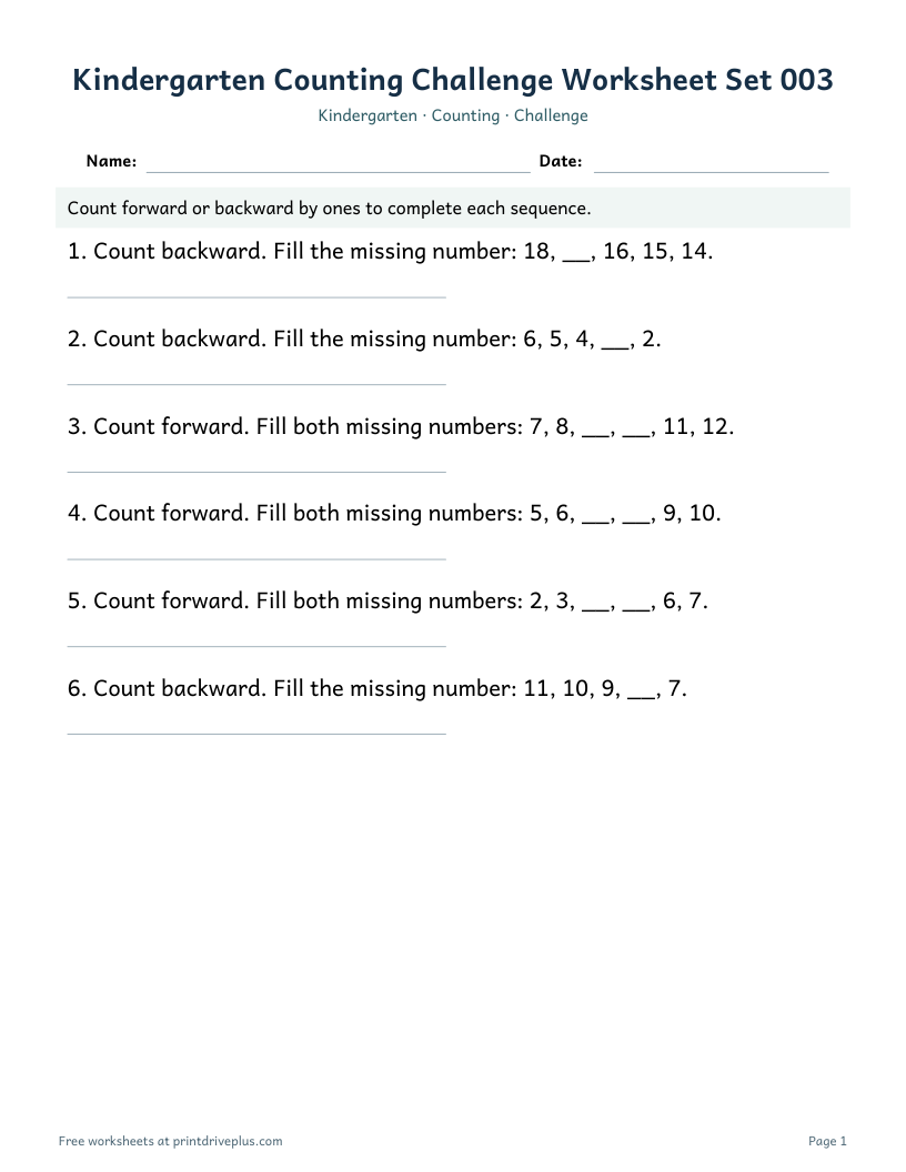 Preview of Kindergarten Counting Challenge Worksheet Set 003