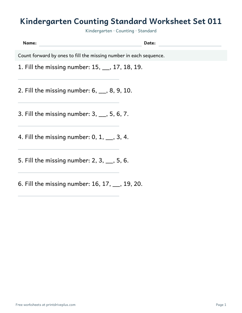 Preview of Kindergarten Counting Standard Worksheet Set 011