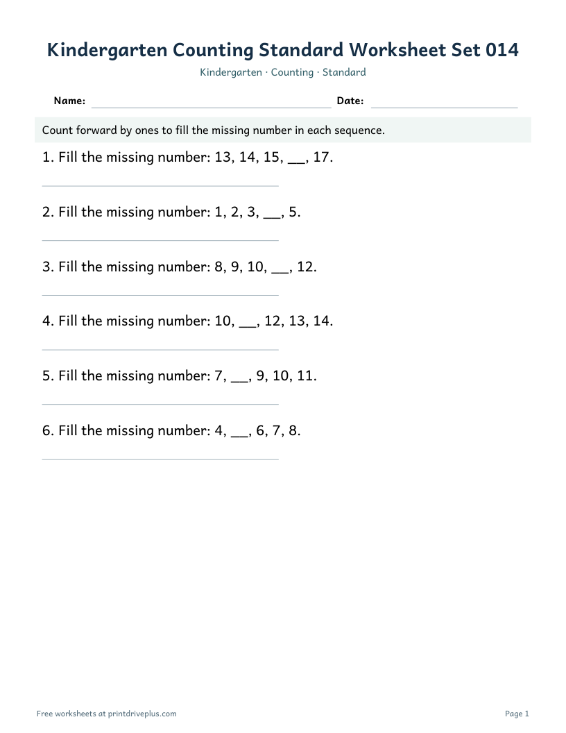 Preview of Kindergarten Counting Standard Worksheet Set 014