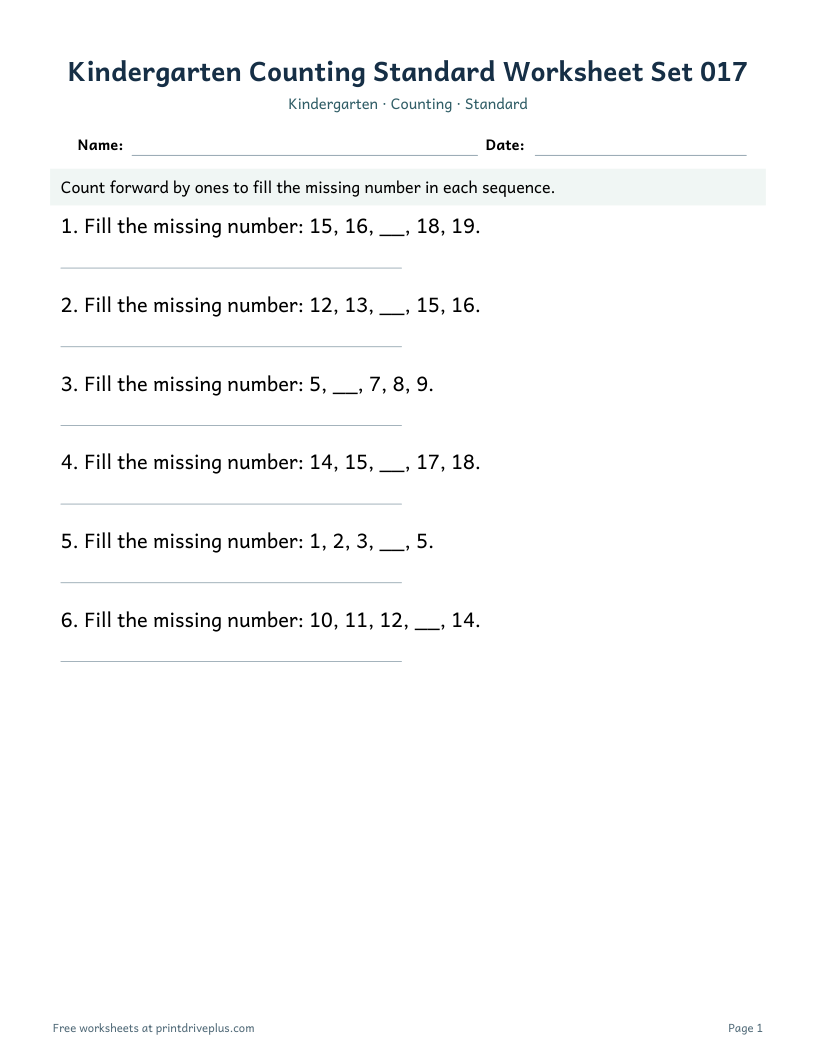 Preview of Kindergarten Counting Standard Worksheet Set 017