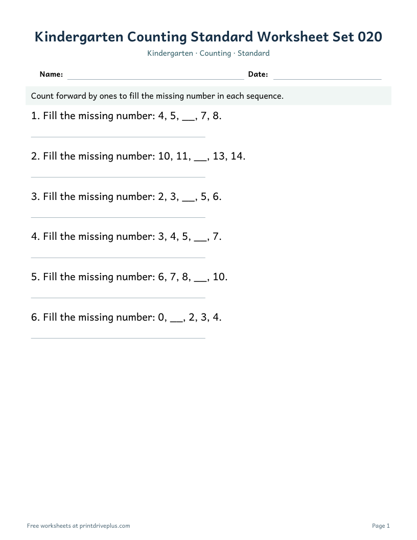 Preview of Kindergarten Counting Standard Worksheet Set 020