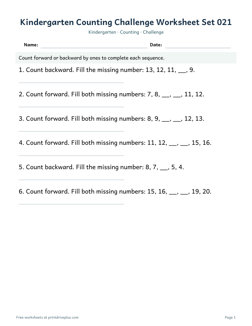 Preview of Kindergarten Counting Challenge Worksheet Set 021