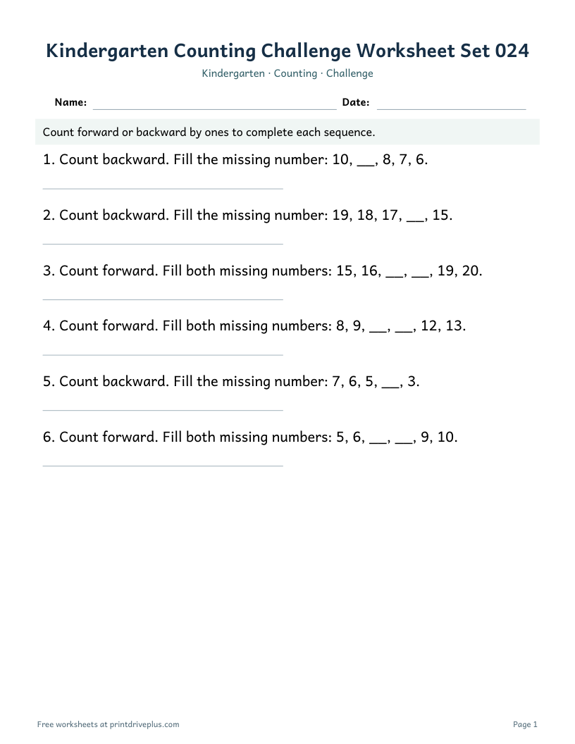 Preview of Kindergarten Counting Challenge Worksheet Set 024
