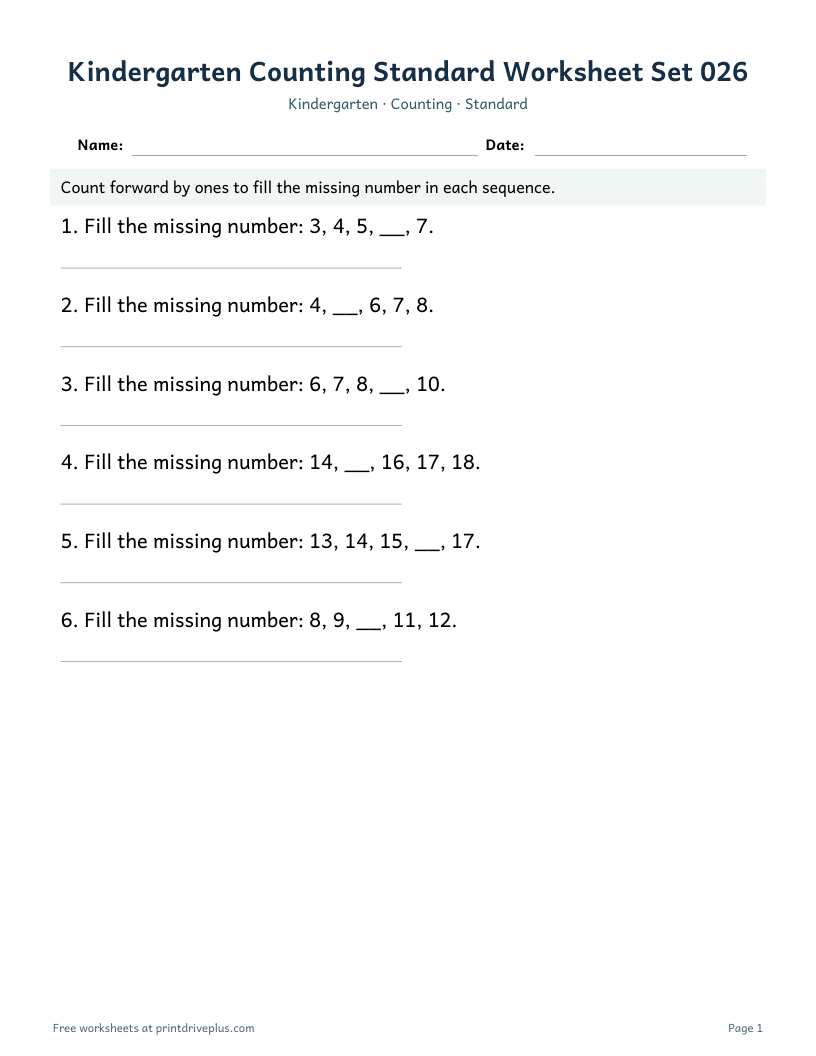 Preview of Kindergarten Counting Standard Worksheet Set 026
