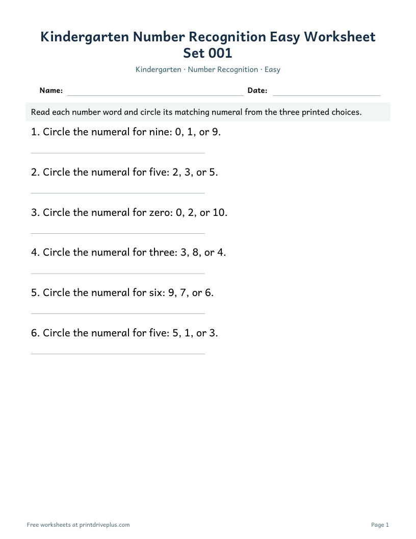 Preview of Kindergarten Number Recognition Easy Worksheet Set 001